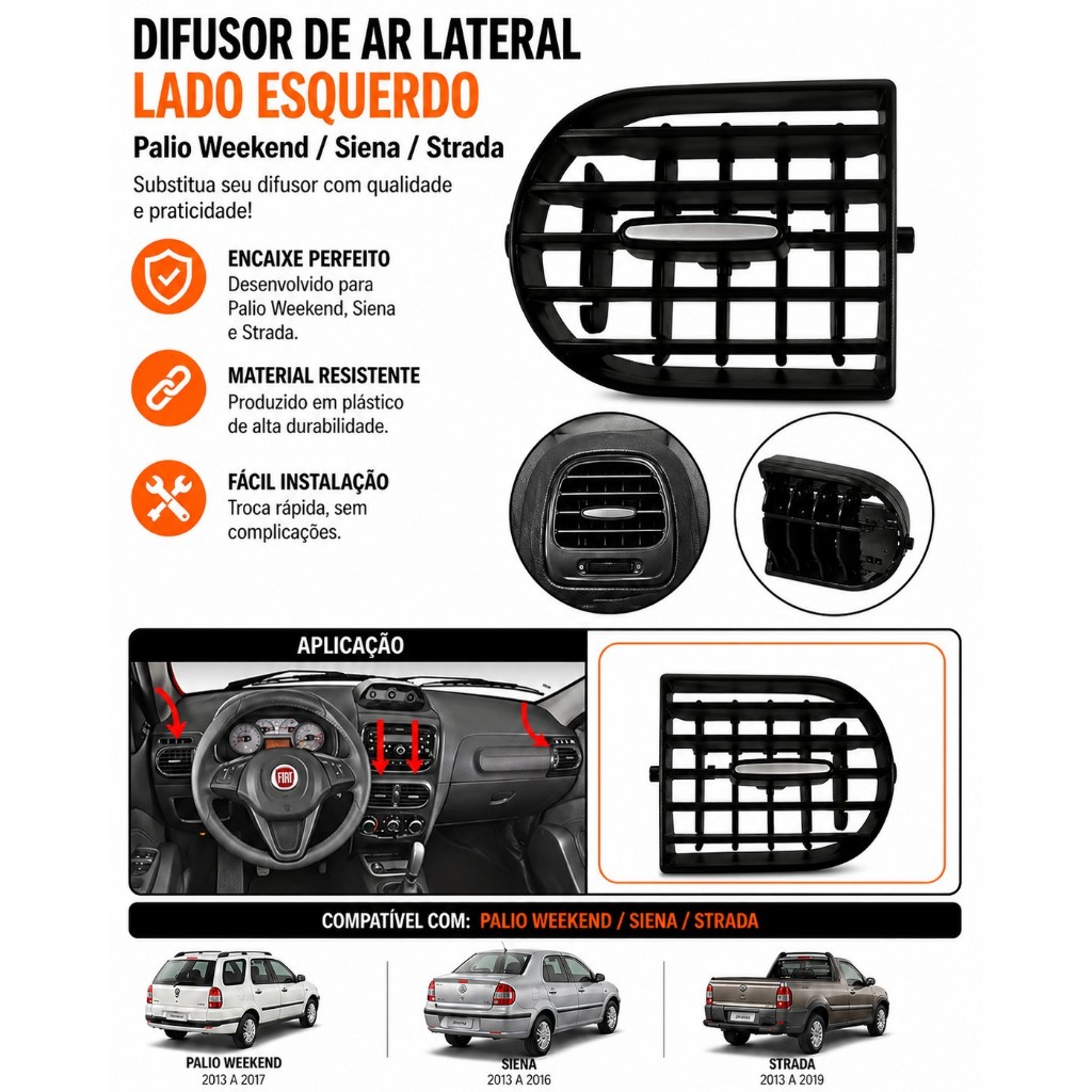 Difusor Ar Lateral Lado Esquerdo Palio 2013- 2017 Siena 2013- 2016 Strada 2013- 2019 - Botão Prata