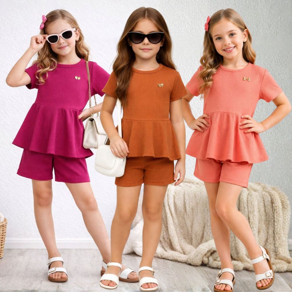 Conjunto Infantil Feminino Canelado Menina Blusa E Short Moda Verão Roupa Infantil Confortável Estiloso