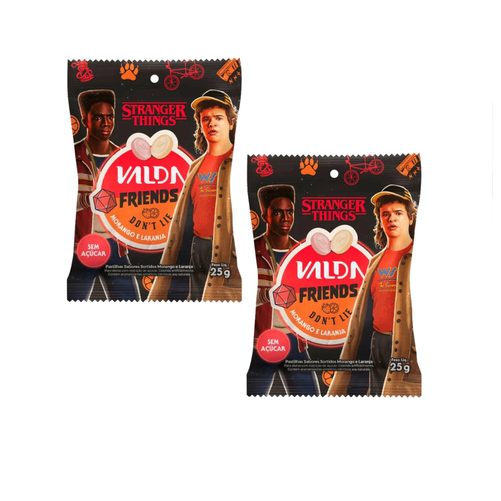 Kit C/2 Pastilhas Valda Stranger Things Friends Sachê Sabor Morango e Laranja 25g