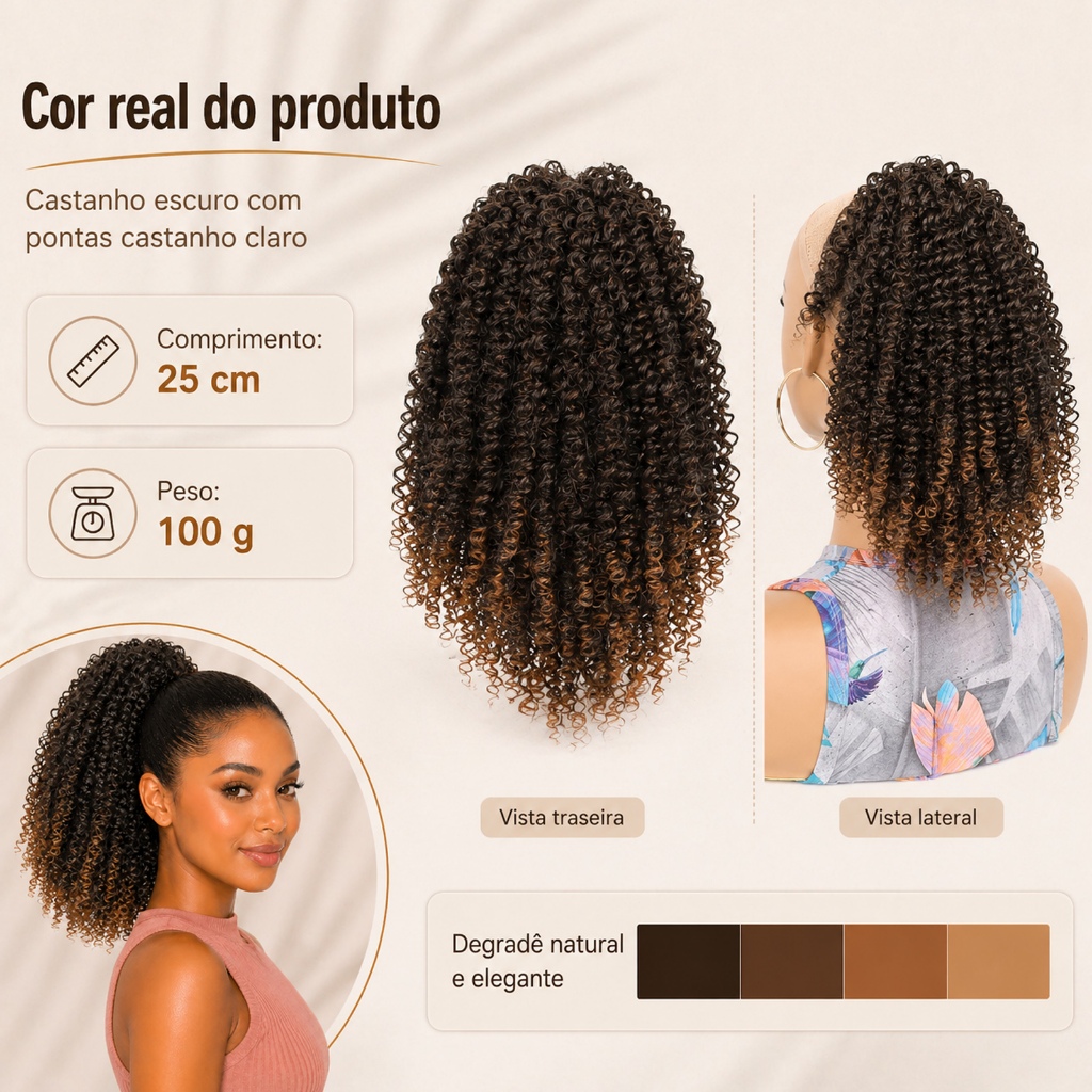 Rabo de Cavalo Cacheado Preto 25cm Curto Afro Kinky com Cordão Volume Natural Fácil para o Dia a Dia — imagem 2 de 2