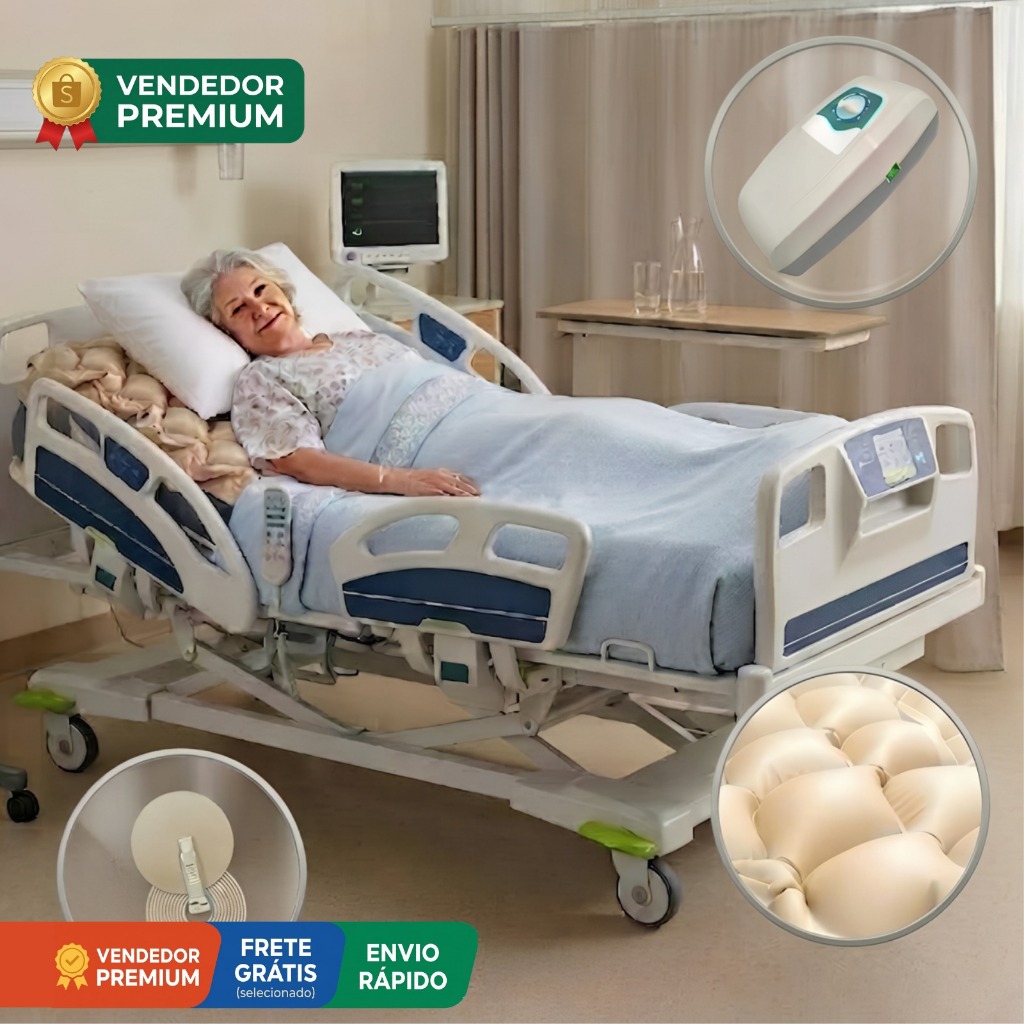 Colchão Pneumático Hospitalar Anti Escaras com Compressor Bomba de Ar Ortopédico Suporta até 130kg