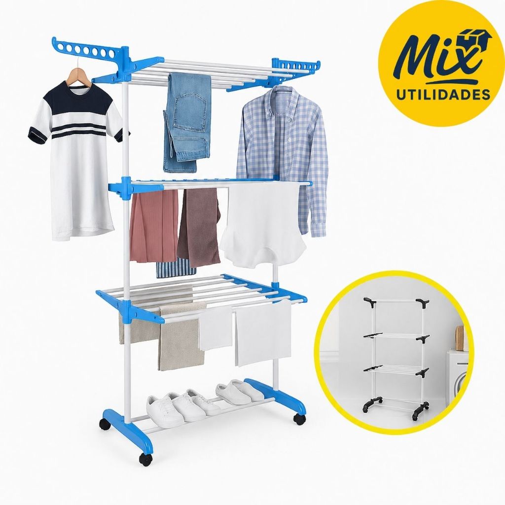 Varal De Chão Torre 3 Andares Retrátil Compacto, Dobrável e com Rodinhas