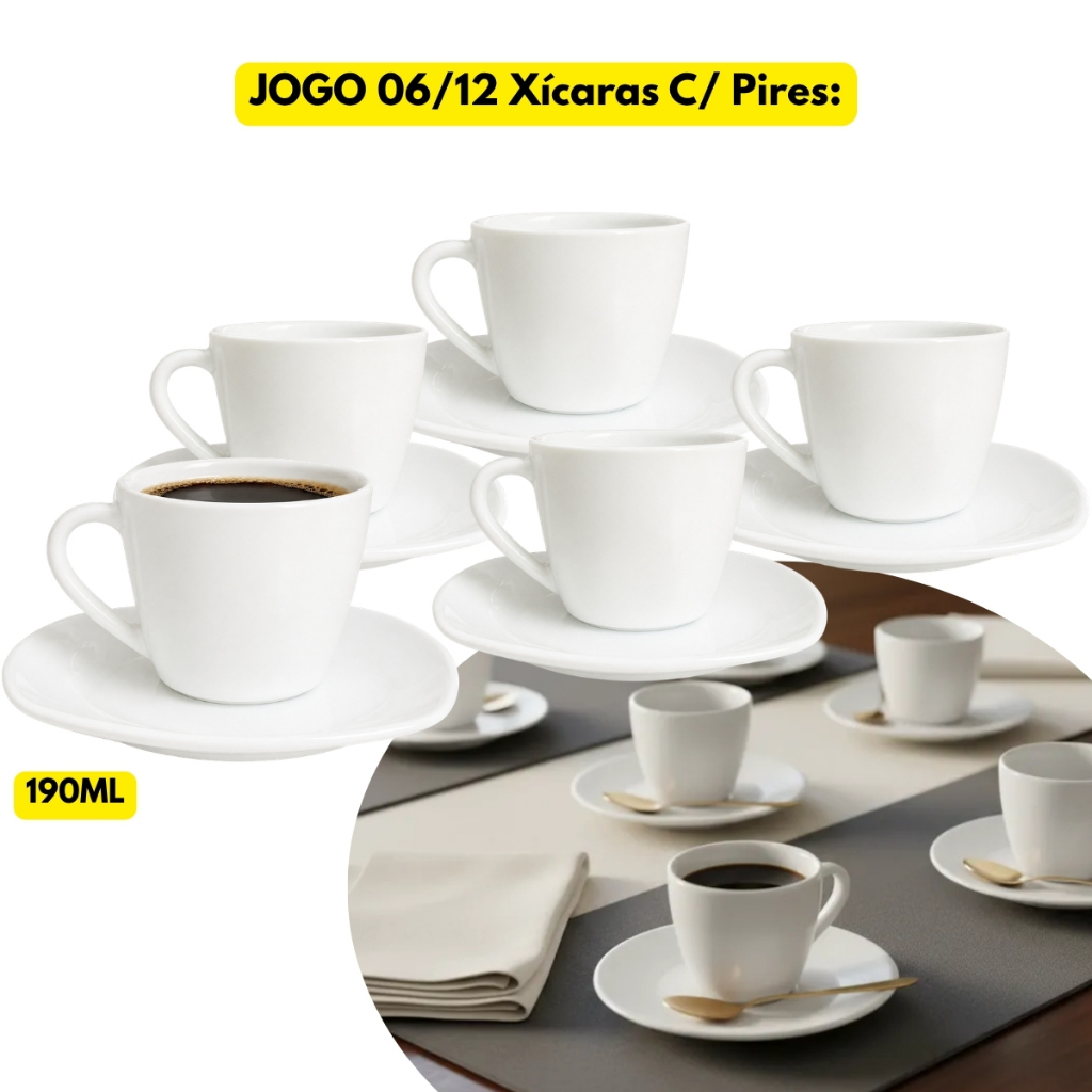 Jogo Kit 06/12 Xícaras Vidro Branco Opaline C/ Pires 190ML Café Chá Servir Padaria Hotel Resort Luxo