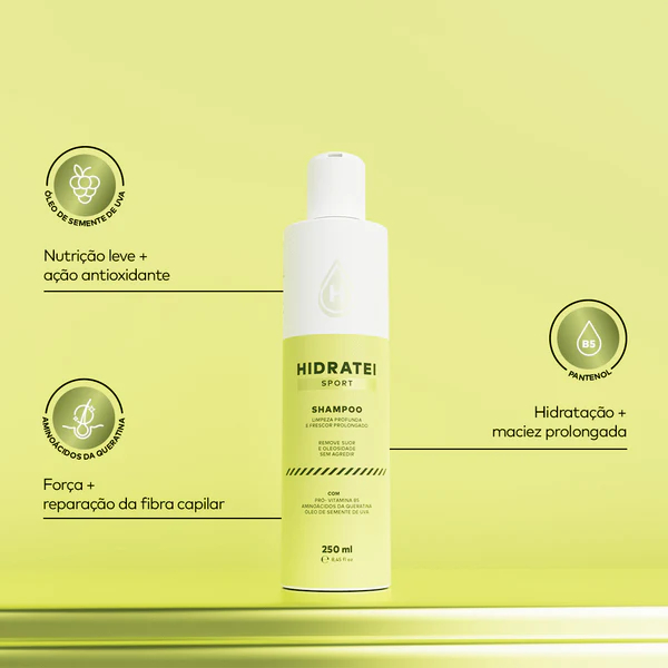 Shampoo Hidratei Sport 250ml para Cabelo Oleoso Pós Treino Remove Suor, Poluição e Oleosidade