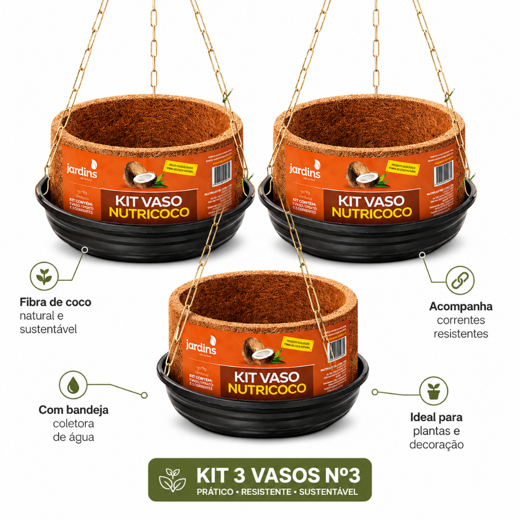 Kit 3 Vasos 5 Litros Fibra de Coco com Bandeja e Corrente Suspenso Jardim Resistente