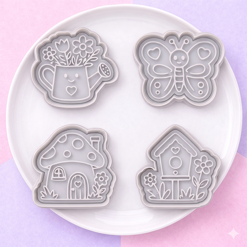 ✨ Cortador de Biscoito Jardim Encantado Kit 4 Peças – Borboleta, Casinha, Flores e Cogumelo ✨