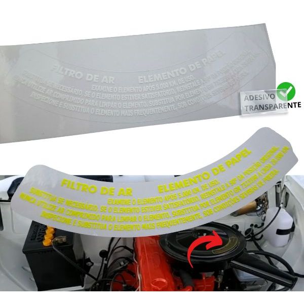 ADESIVO FILTRO DE AR ELEMENTO DE PAPEL / ADESIVO VINIL TRANSPARENTE / TEXTO AMARELO OU BRANCO / LINHA OPALA 1970 A 1972