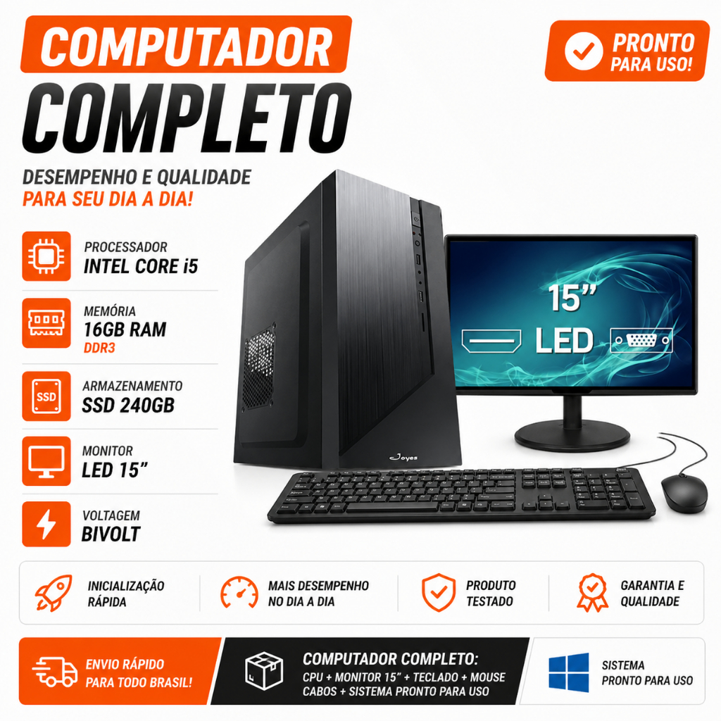 Computador Completo Office Intel Core I5 16gb Ram Ssd 240gb Monitor Led 15.4 Bivolt