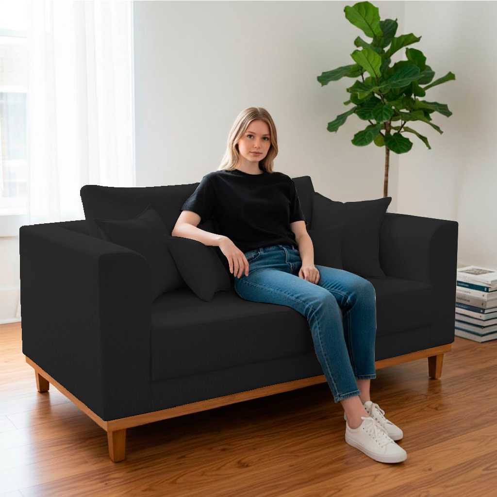 Sofá Sala de Estar 02 Lugares Beny Suede Preto Madeira Estofados