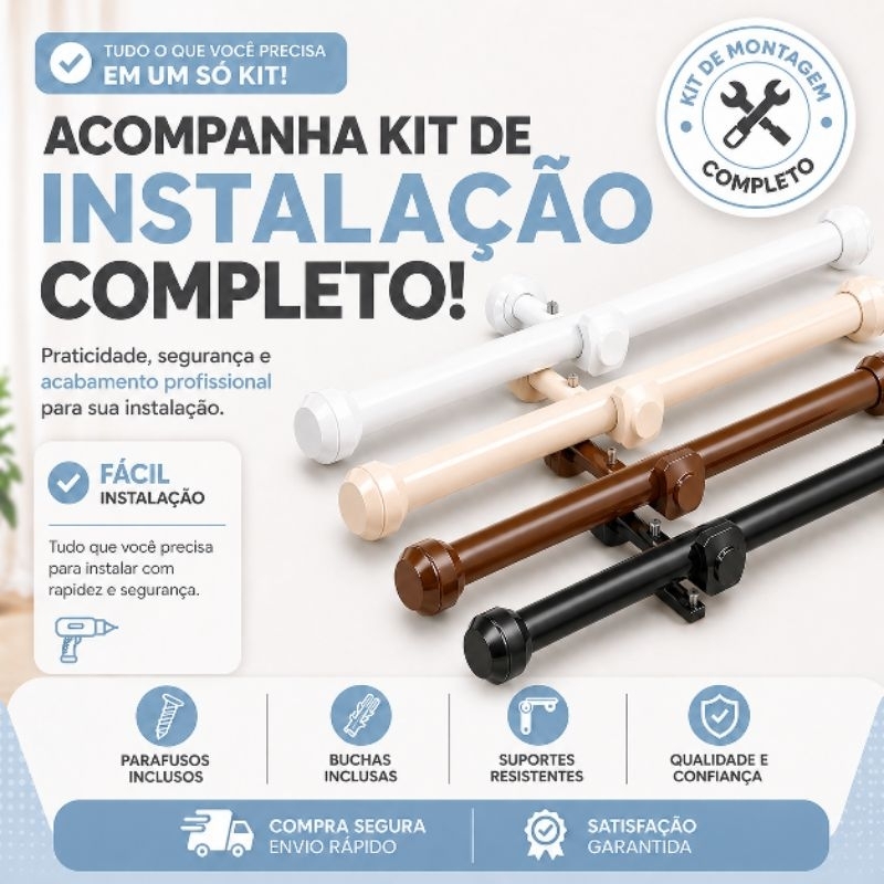 Kit Varão Cortina Madeira 19mm – Escolha 1,5m ou 2m | Pronto para Instalar