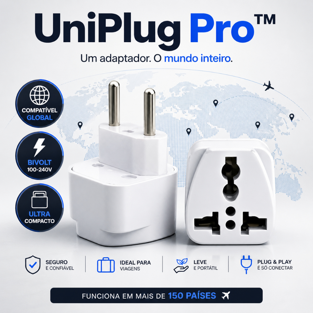 UniPlug Pro™ Adaptador Universal de Tomada Internacional Bivolt 10A Compatível EUA Europa UK Brasil Plug Global Portátil