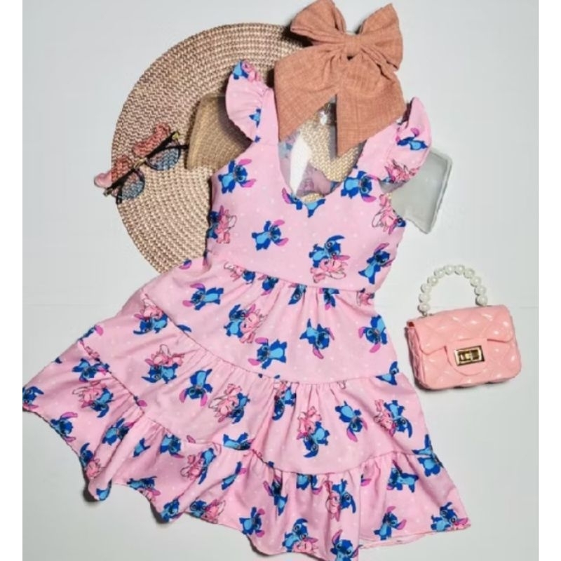 Vestido Infantil Rosa Stitch para Menina de Festas