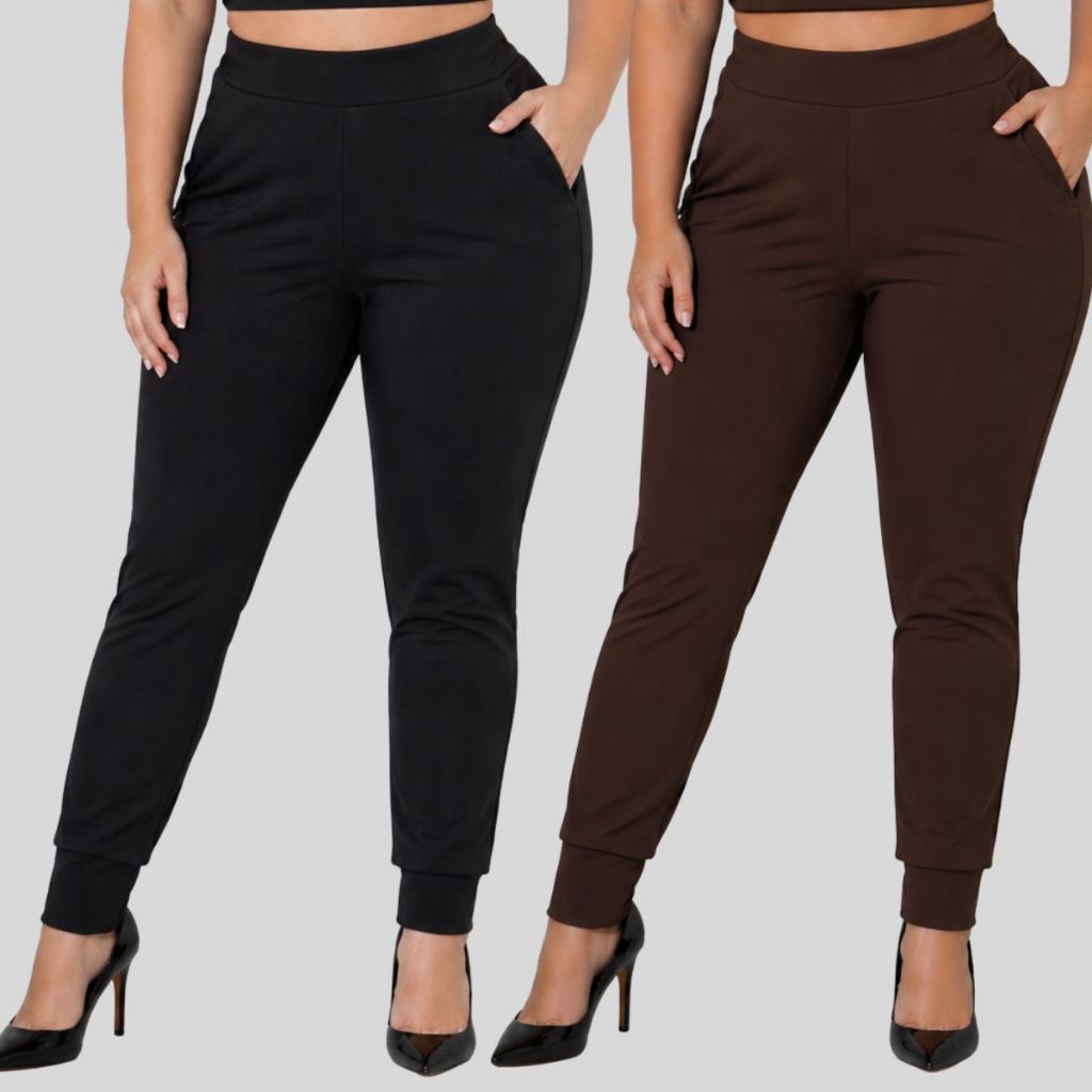 Kit 2 Calça Legging Plus Size Crepe de Malha Cintura Alta Leg Plus Size Moda Maior. Calça Montaria Skinny.