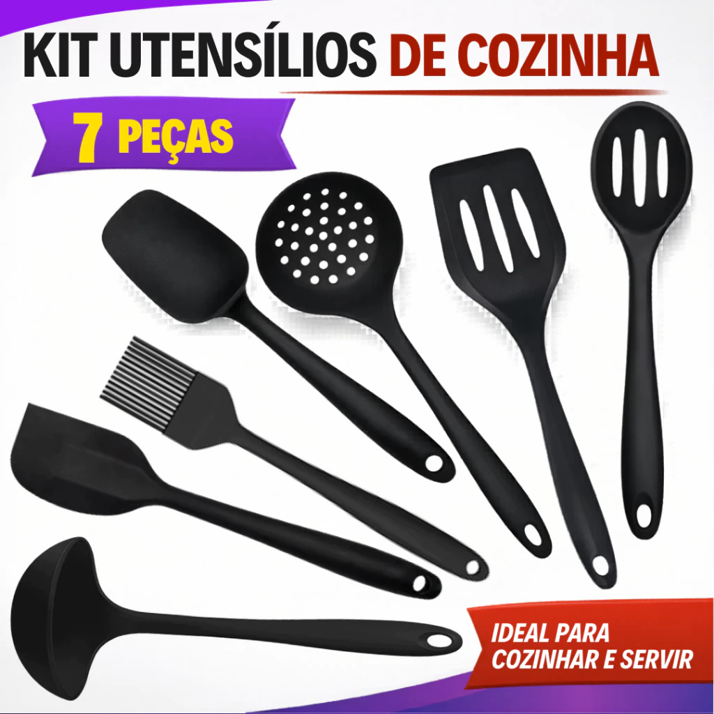 Kit 7 Utensílios De Cozinha Premium Silicone Preto Refeições Domicílios Restaurantes, Colher+ Concha