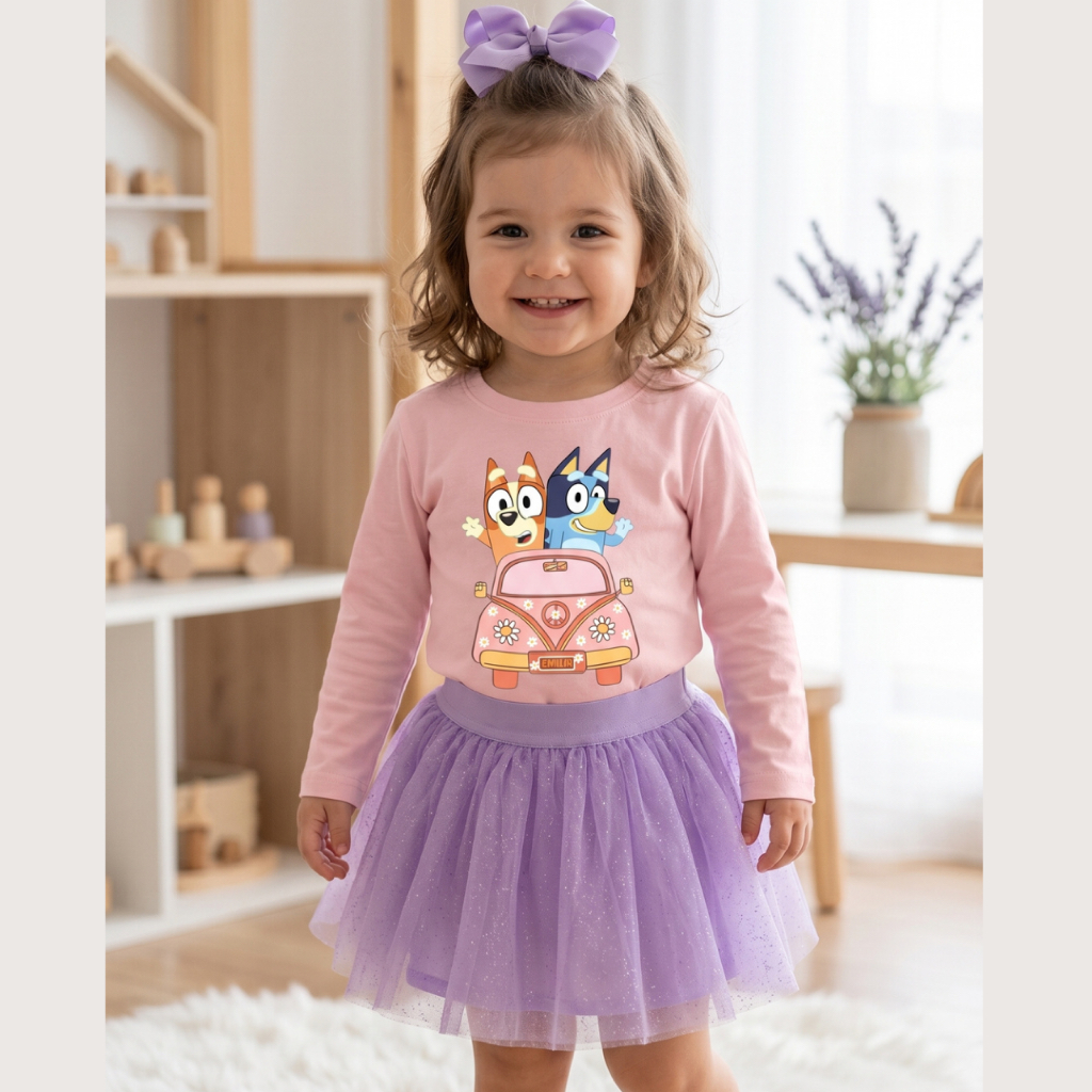 Conjunto Infantil Blueey  bing carro Outono Inverno Look  e Estiloso Blusa+Short Saia Tule Glitter Roupa Infantil 1 a 10