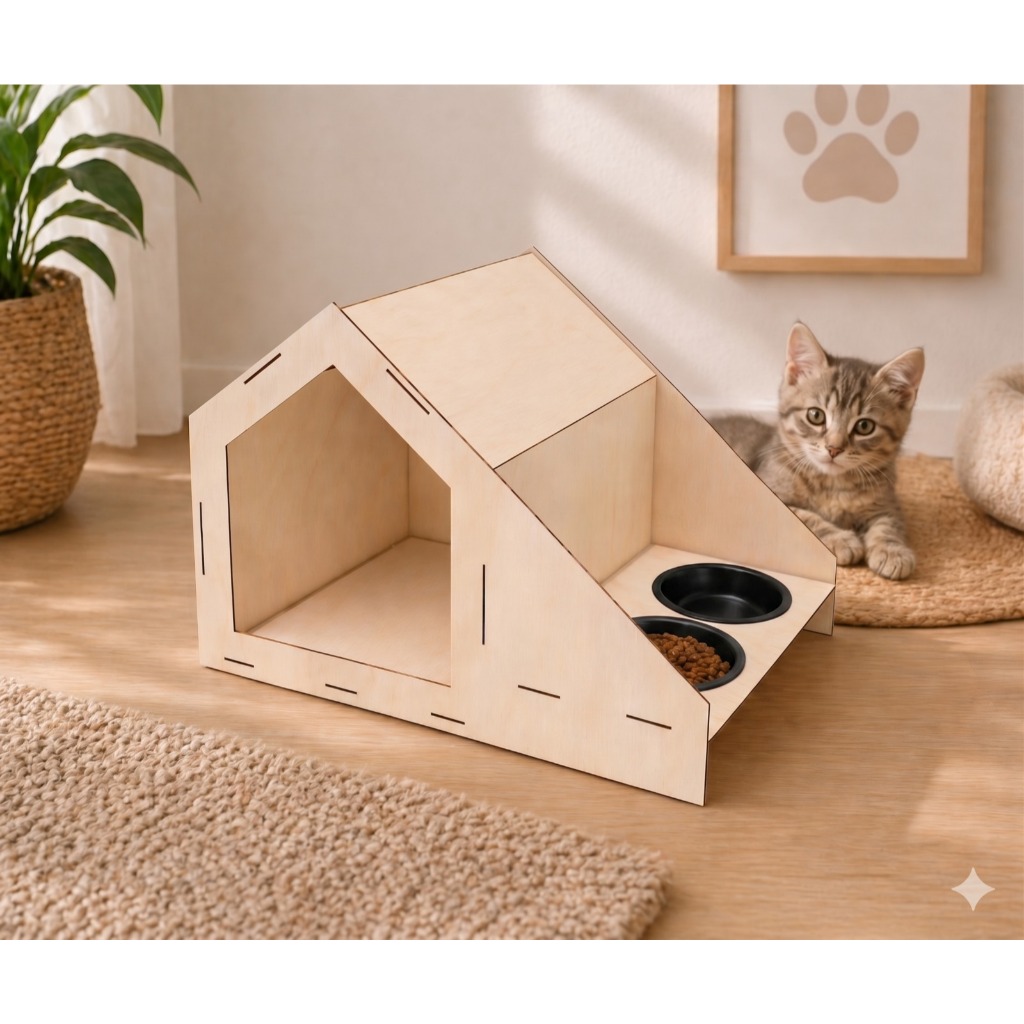 Casinha Pet De Madeira 2 em 1 Comedouro e Bebedouro Elevado Cachorro Gato