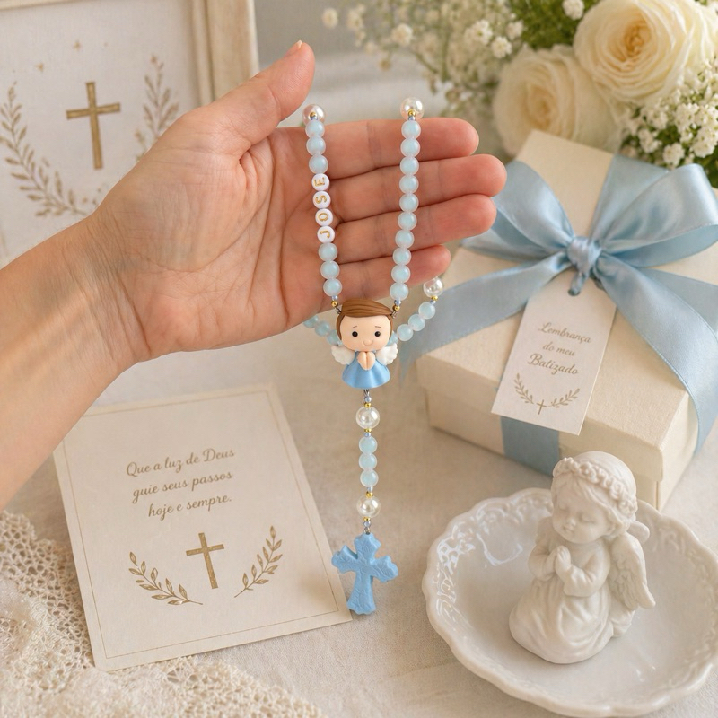 Terço para batizado Doce Anjinho Azul kit com caixa de presente e saquinho de organza Terço infantil para menino