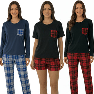 Pijama Feminino Curto Longo Xadrez Luxo Baby Doll Conjunto Feminino Confortável Malha Leve Verão