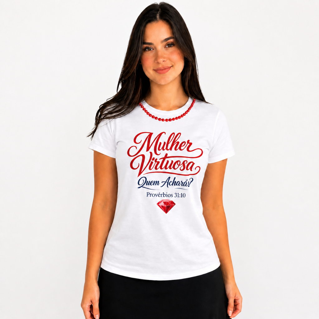 Camiseta Evangélica Feminina Mulher Virtuosa Provérbios 31:10 | Camiseta Cristã gospel Polielastano com Pérolas coladas