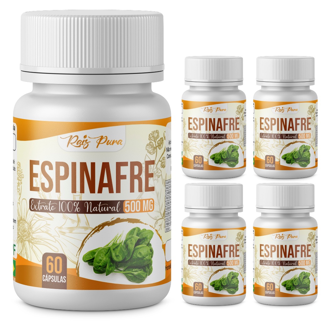 KIT 5 UNID - EXTRATO DE ESPINAFRE 100% PURO | 500 MG - 60 CÁPSULAS