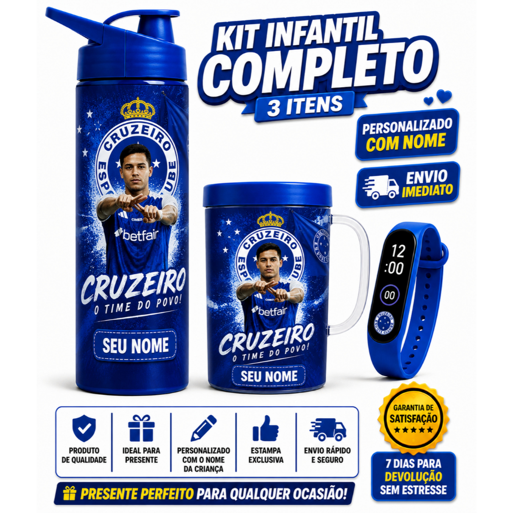 Cruzeiro Garrafa Copo e Relógio Digital Infantil - Presente aniversário Natal Com nome da Criança