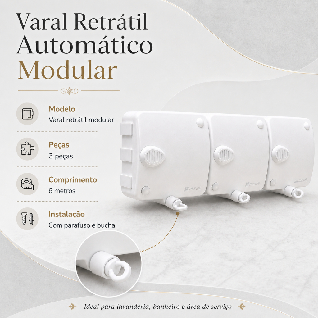 Varal Retrátil Automático corda 6m  Modular Retrátil de Parede Roupas quintal Apartamento casa mexeb