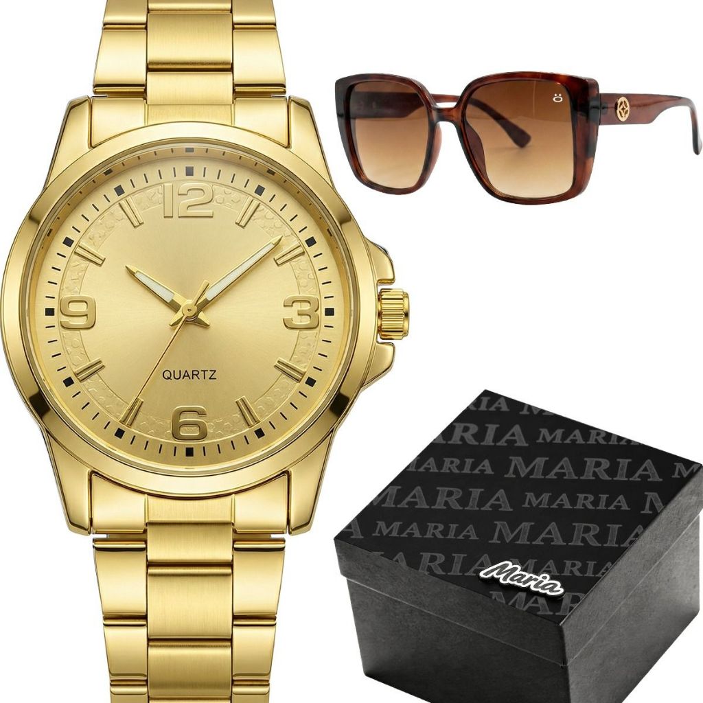 Kit Relógio Feminino Luxo Dourado Original + Óculos de Sol Feminino Proteção UV + Caixa Presente
