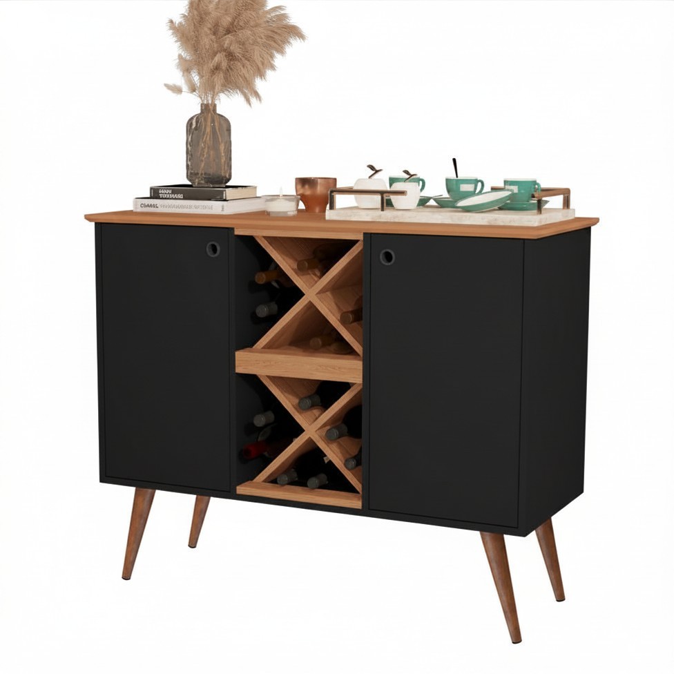 Buffet Aparador Adega Elegance Balcão Retro 2 Portas Bar Café Adega 12 Garrafas Preto / Nature
