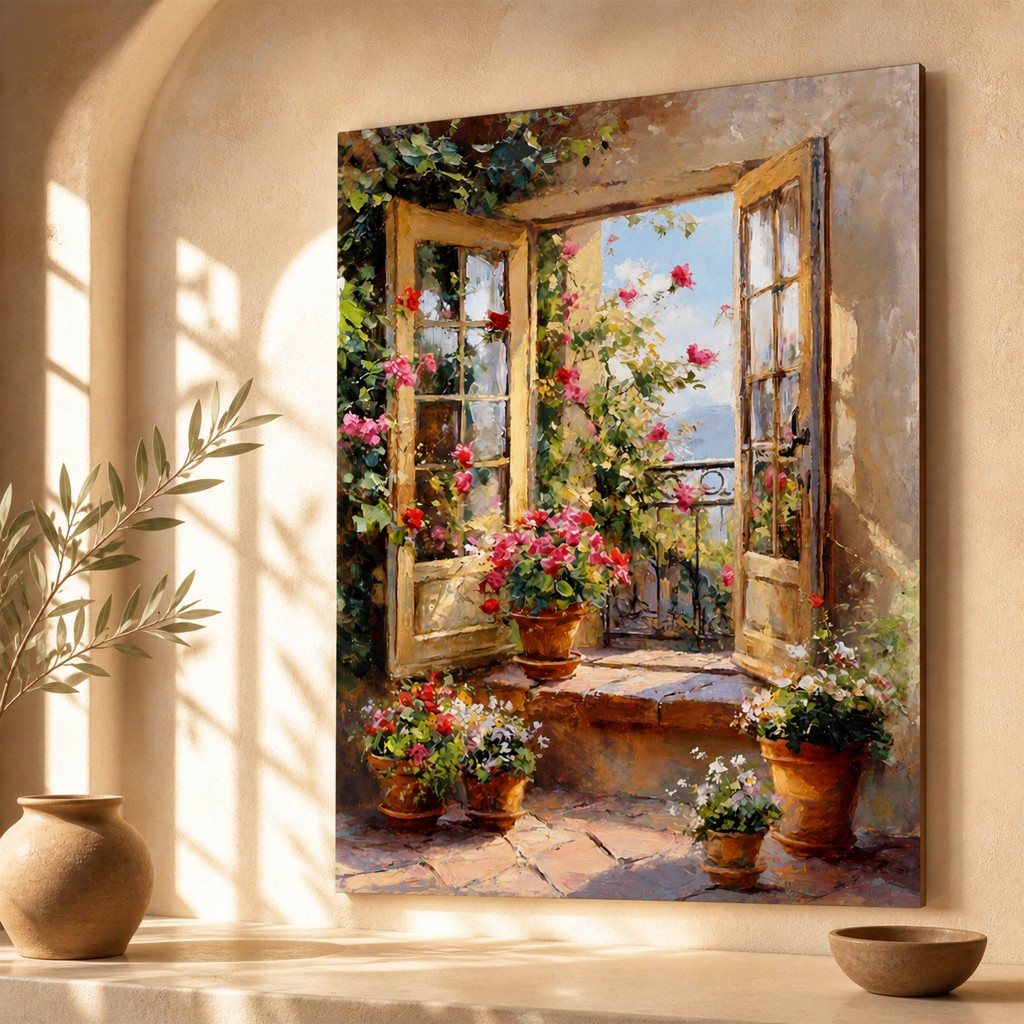 Quadro Decorativo Janela com Flores Arranjo Floral Arte Vintage MDF Parede Sala Quarto Casa