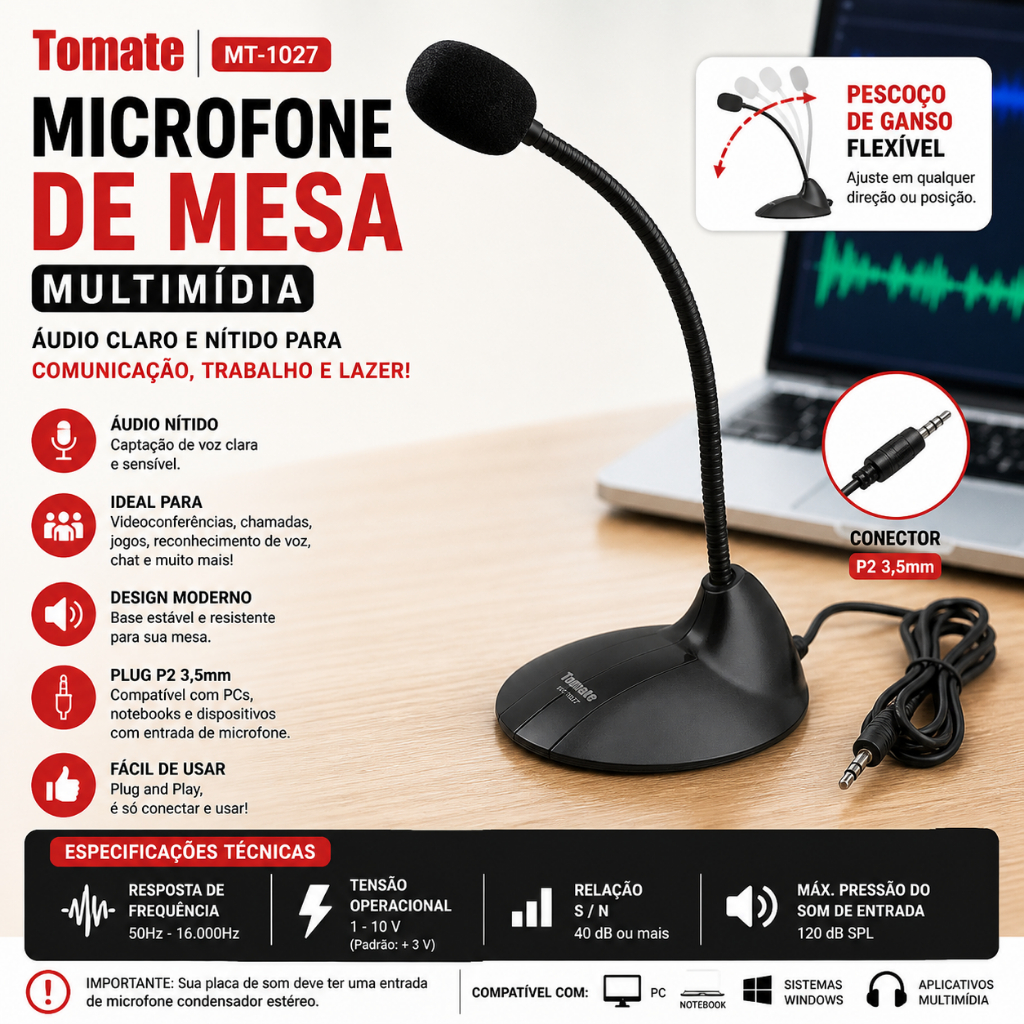 Microfone De Mesa Tomate MT-1027 P2 p/ PC Notebook Games Chat Aula Online