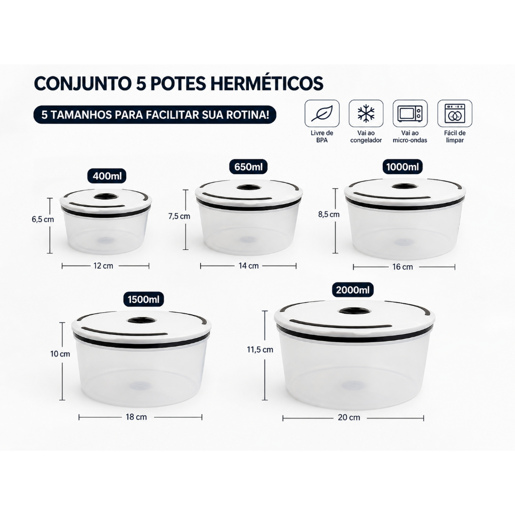 🥗✨ Conjunto 5 Potes Herméticos de Plástico com Tampa Vedada Redondo| Organizadores para Cozinha e Geladeira Microondas🥬🏠