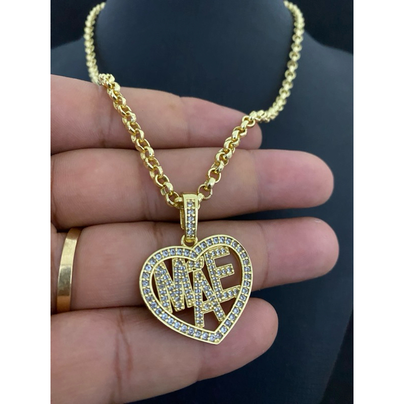 conjunto Feminino corrente Gargantilha Elo português 4mm 45cm+ pingente coração de Mãe cravejado banhado a Ouro 18k