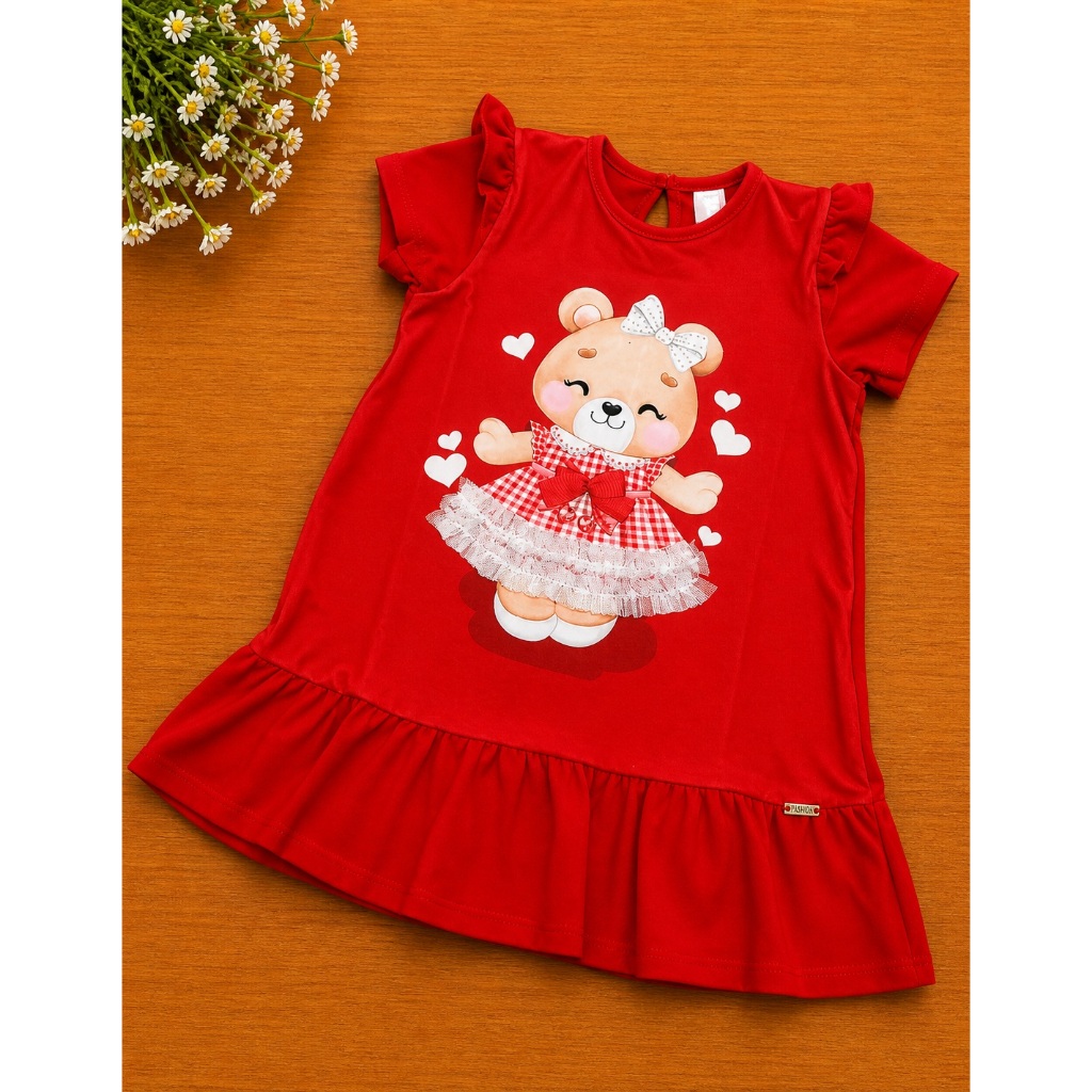 Vestido Infantil Cotton Vermelho Ursinha 83590 Infanti Bebê Menina