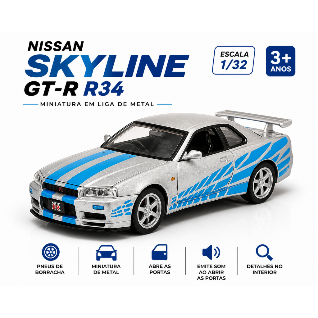 Miniatura Escala 1:32 Nissan Skyline GT-r R34 Velozes e Furiosos Brian Luz Som Fricção Ferro Azul