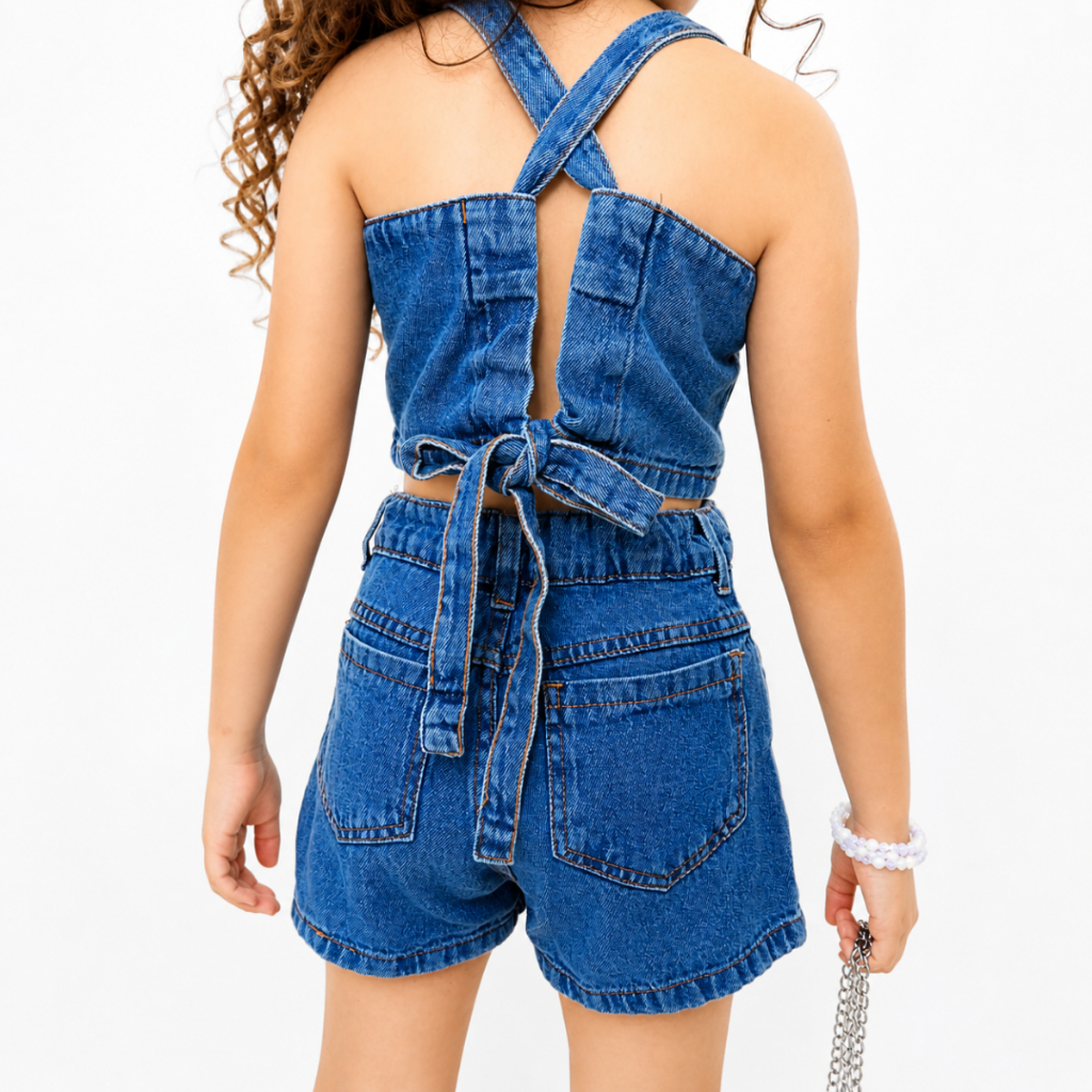 Conjunto Jeans Infantil Feminino Cropped + Shorts Saia Moda Verão Estiloso Tam 4 e 6