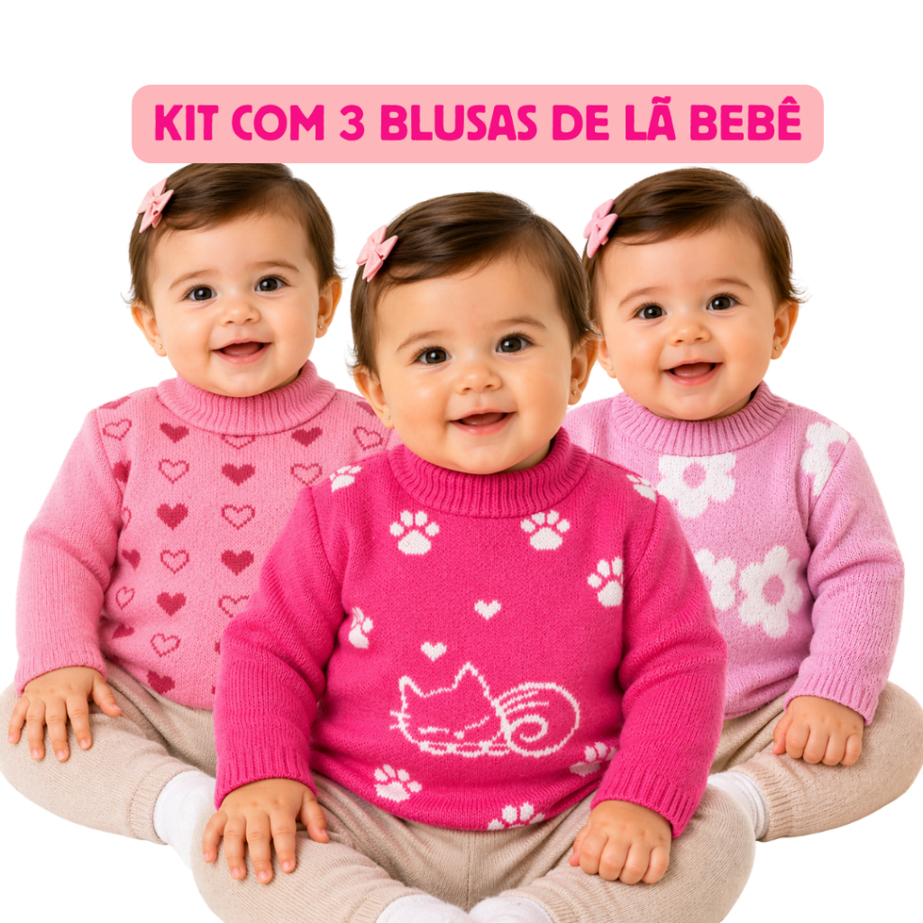 Kit com 3 Blusas de Lã Bebê Menina Tricot de Qualidade