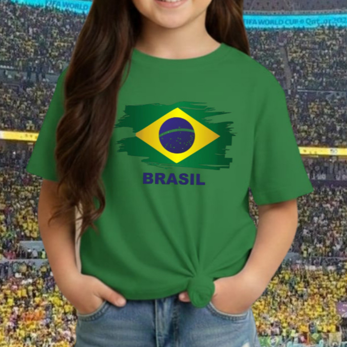 Camiseta Infantil Menina Estampa Brasil HEXA Algodão Seleção Brasileira Copa Mundo 2 ao 14