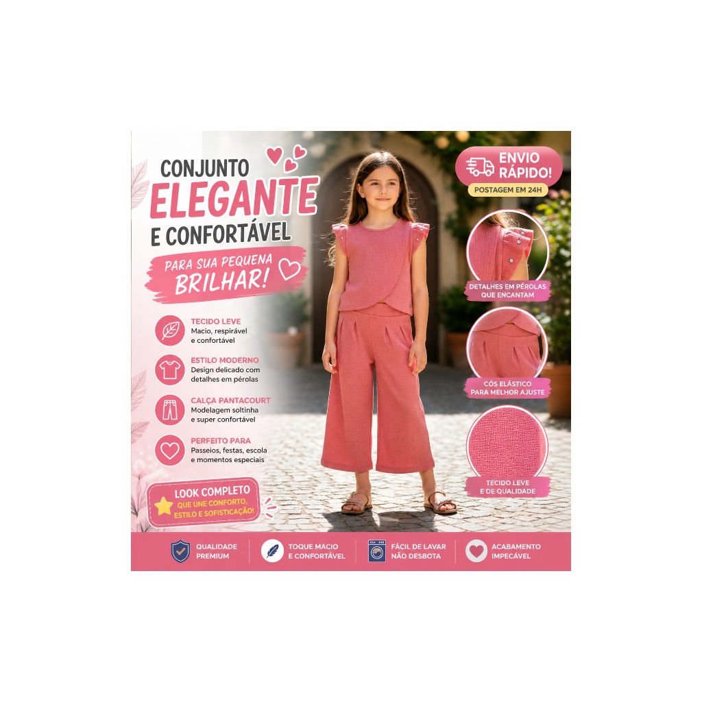 Conjunto Infantil Feminino Elegante Menina Blusa + Calça Pantalona Roupa Infantil Confortável para Festa e Passeio