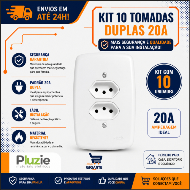 Kit 10 Tomada Dupla 20a Com Placa Branca 4x2 Pluzie 1° Linha