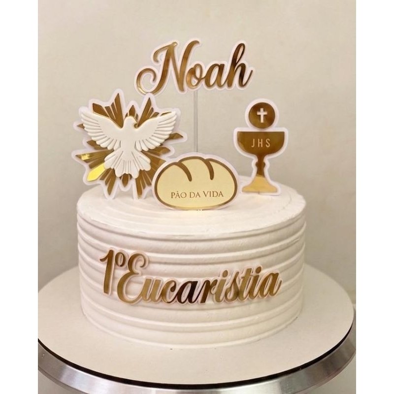 Topo de bolo Primeira Eucaristia Primeira Comunhão Personalizado|3D Luxo Dourado|Efeito Metálico|Topo 3D eucaristia