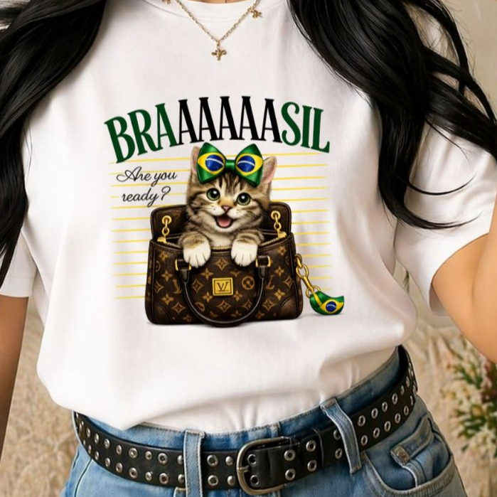 Camiseta Camisa Feminina 100%Algodão Blusa Feminina Estampa Brasil Copa Do Mundo 2026 Animal Gato