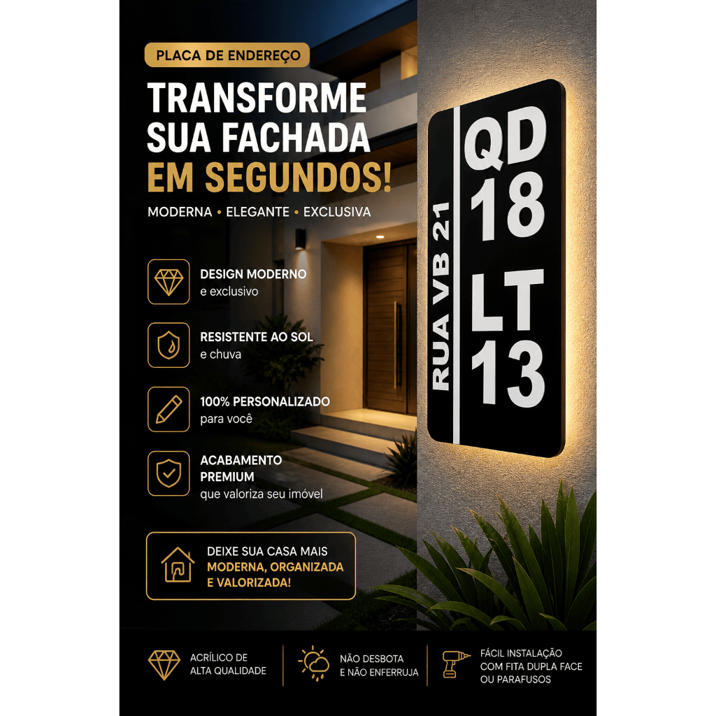 Placa Endereço Número Residencial Personalizada Vertical Moderna Fachada Casa Premium Endereço Elegante