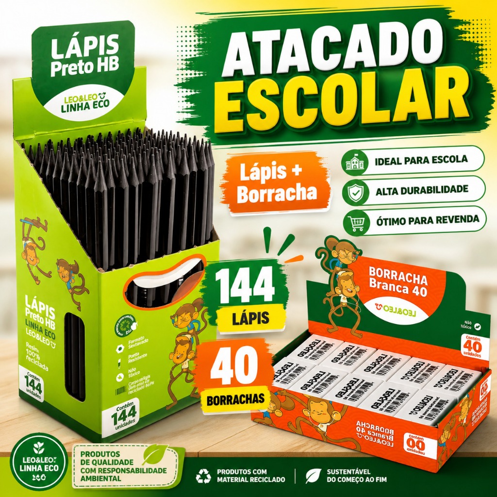 Lápis Preto HB 144un + Borracha Branca 40un Kit Escolar