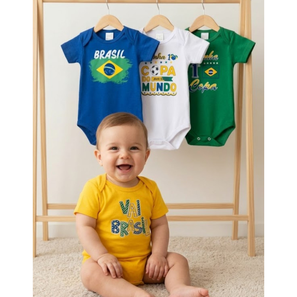 Body Bebê Copa do Mundo Brasil 97% Algodão – Roupa Infantil Masculina/Feminina Verde Amarelo Futebol Confortável
