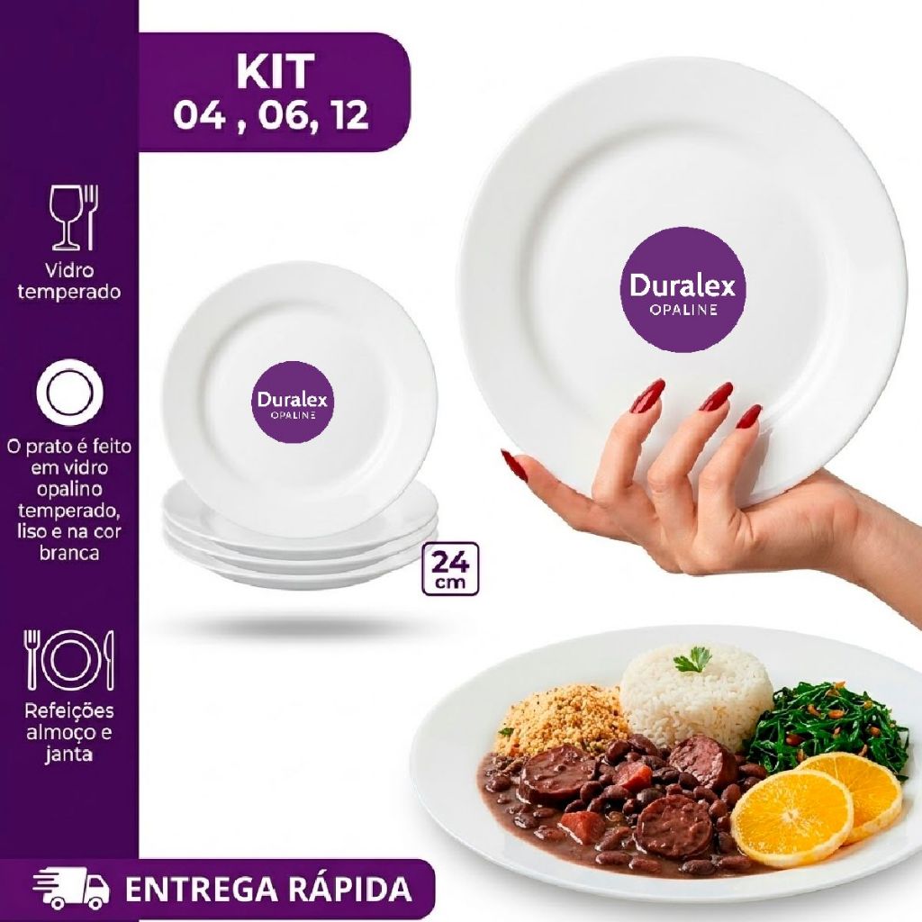 Kit Jogo de Pratos Menu Duralex 04/06/12 Peças Modelo Raso Branco Vidro Opaline Temperado Resistente