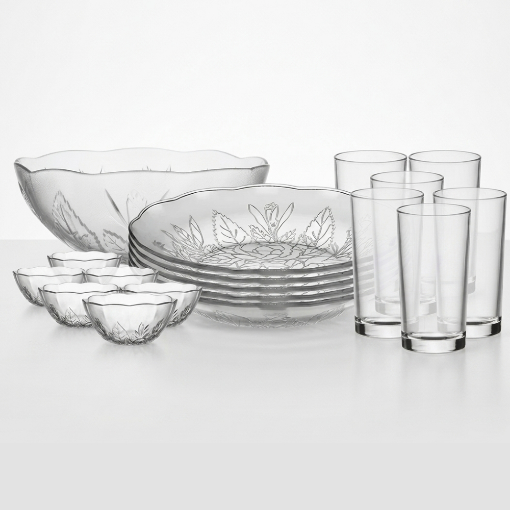 Aparelho de Jantar 19 Peças Pratos Copos Tigelas Saladeira Vidro Elegante Completo Mesa Posta