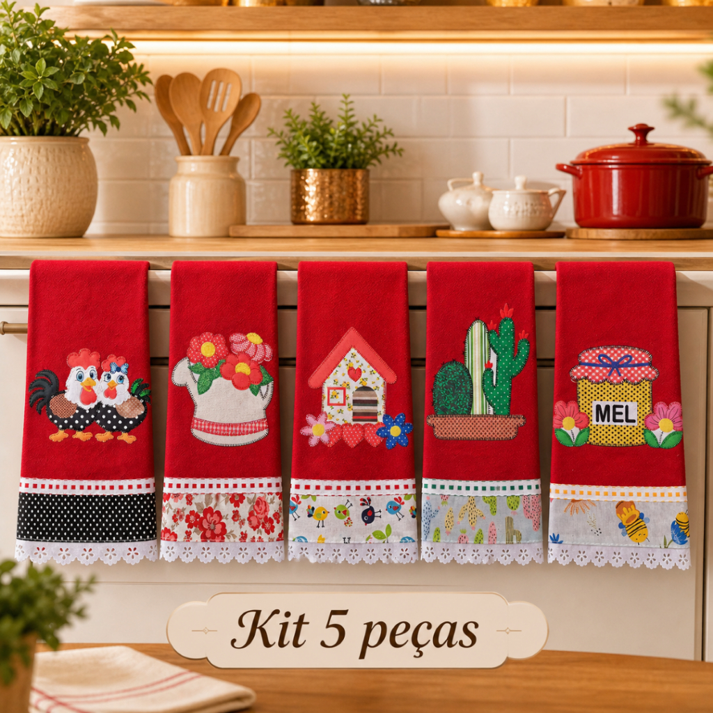 Kit Panos de Prato VERMELHO Bordado 5 peças Lançamento