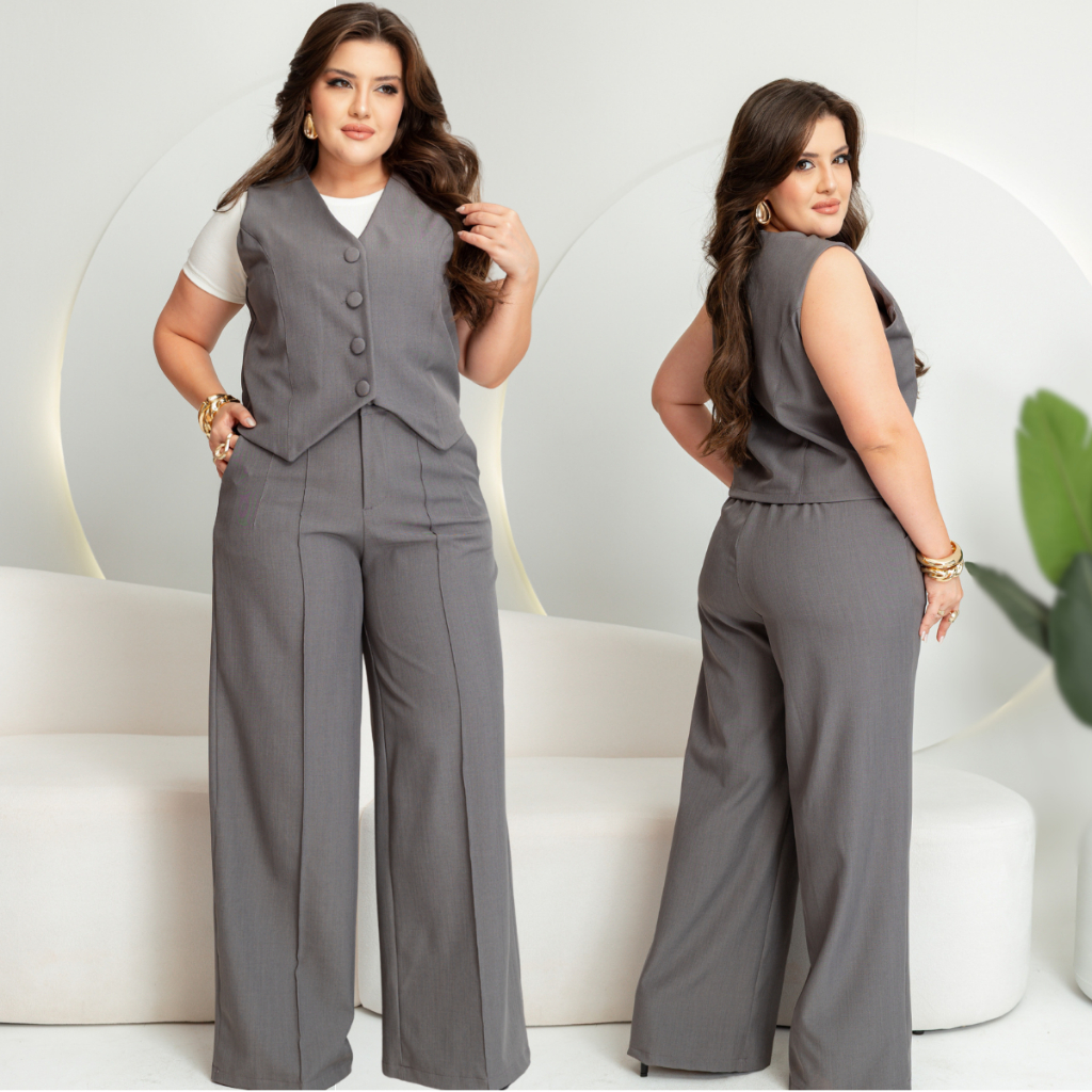 Conjunto Alfaiataria Feminino Plus Size Colete e Calça Pantalona Social Empresaria chique Trabalho