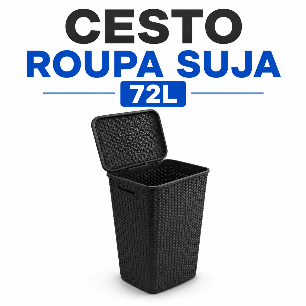 Cesto Roupa Suja 72L Rattan com Tampa Grande Organizador Lavanderia Banheiro Quarto Cesto Plástico Resistente Multiuso