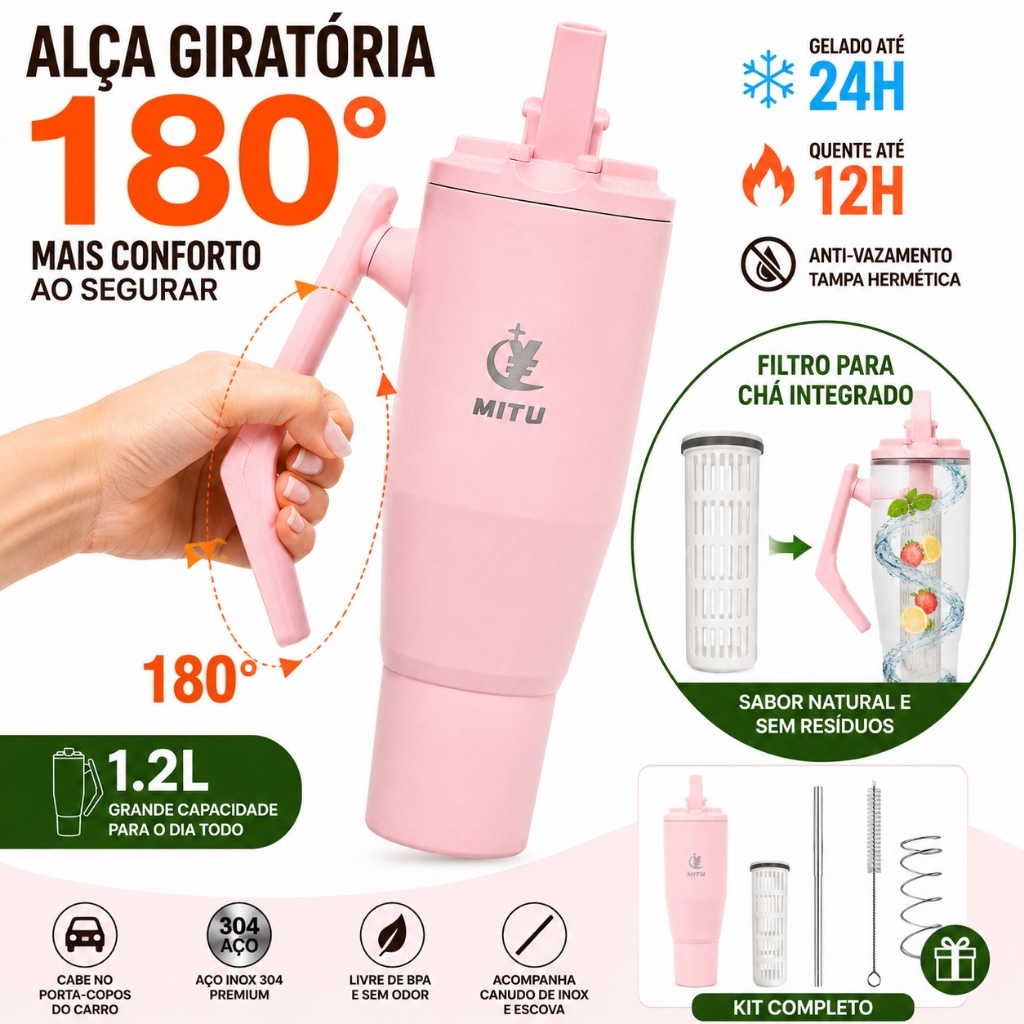 Copo Térmico 1.2L com Canudo de Aço Inox Retrátil - Garrafa de Grande Capacidade Estilo Moderno - Mantém Gelado/Quente